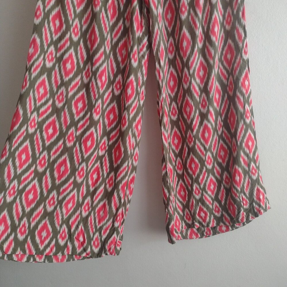 Anthropologie Lilka Wide-Leg Printed Pants M Red Olive Green Boho Ikat Casual - Picture 7 of 11